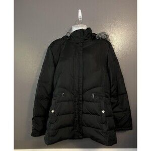 Larry Levine Down Jacket Womens Medium Black Hooded Faux Fur Removable Hood Coat